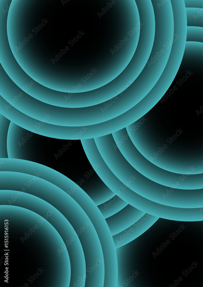 Aufkleber Abstract digital artwork with concentric circular arcs in a soft teal glow in deep black background. Rhythmic and geometric pattern with diffused neon glow and futuristic and luminous light art.