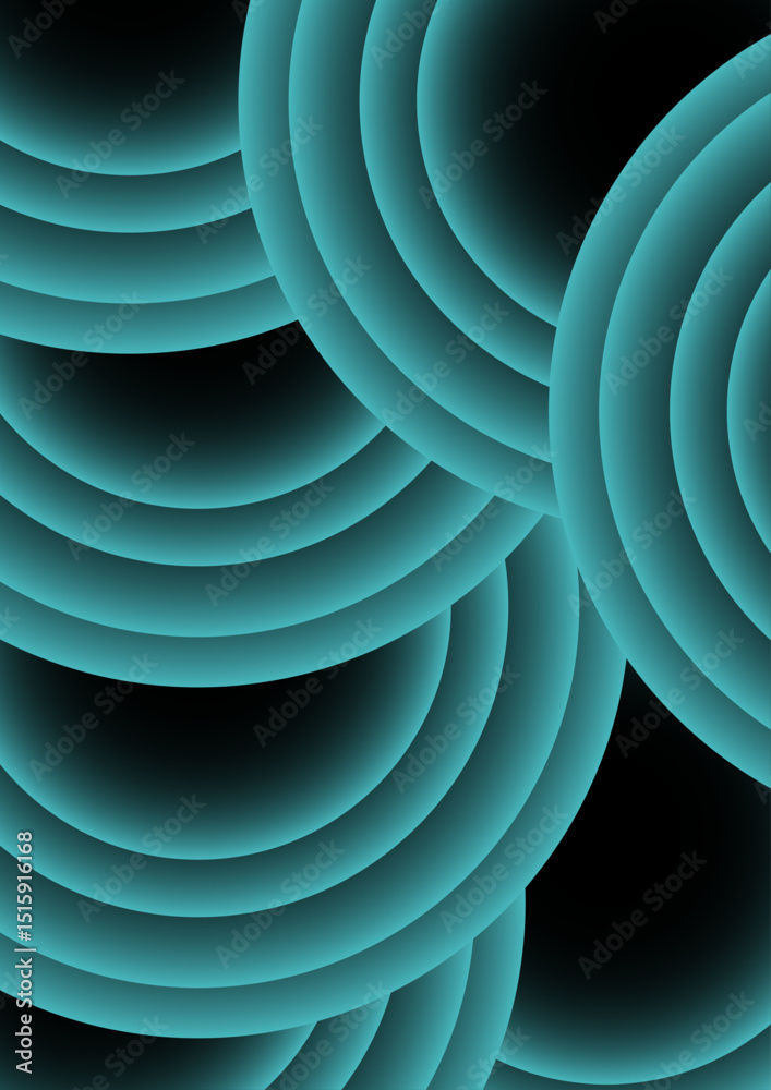 Poster Abstract digital artwork with concentric circular arcs in a soft teal glow in deep black background. Rhythmic and geometric pattern with diffused neon glow and futuristic and luminous light art.