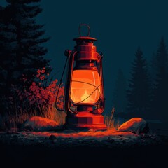 Nighttime forest scene with lantern