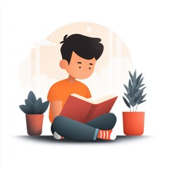 A boy sits reading a book amidst plants