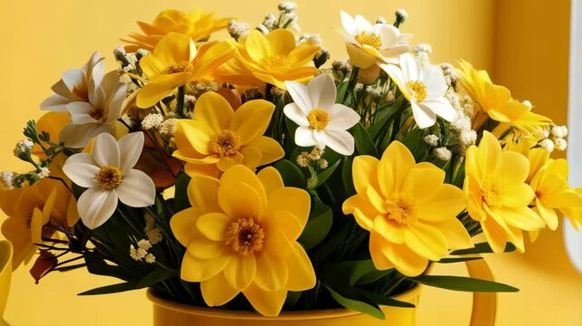 Bright yellow watering can filled with an assortment of yellow and white flowers against a matching background, spring floral arrangement.