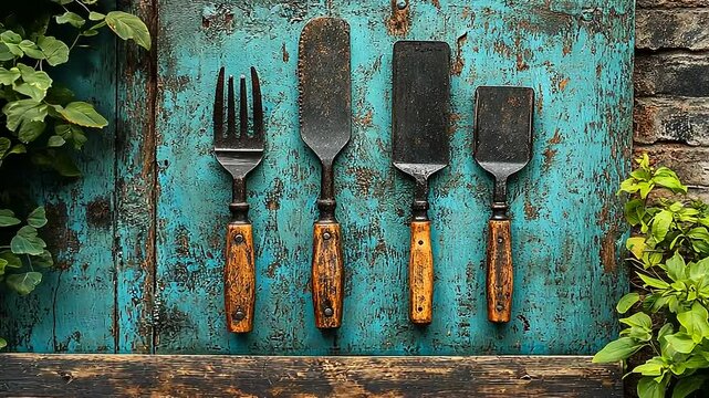 Vintage Kitchen Utensils on Rustic Blue Wood with Vine Accents Still Life Video