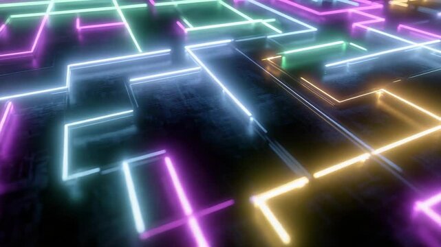 A glowing neon maze of digital circuits in vibrant pink, green, and white hues. Code-Based Creativity and Generative Design, computational logic, digital aesthetics, interactive technology