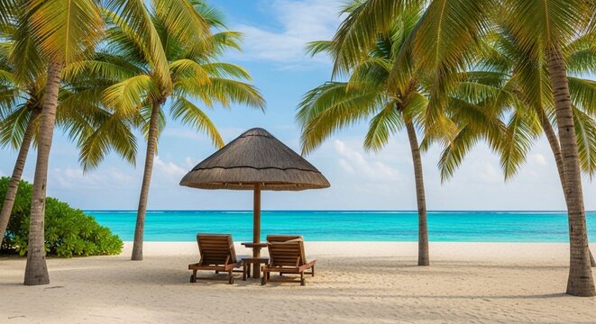 A serene vacation spot with white sand, an umbrella, two beach chairs, and calm turquoise water.
