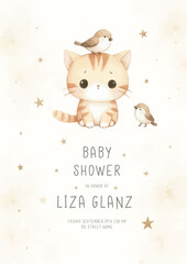 Baby Shower Invitation Design Template With little Cat and bird.