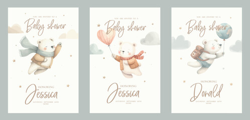 Watercolor bear traveler with balloon in the sky For nursery kids Birthday party boy Print for invitation card Poster Template.