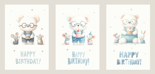 Watercolor white bear with friends celebrates his birthday. For nursery kids Birthday party boy Print for invitation card Poster Template.