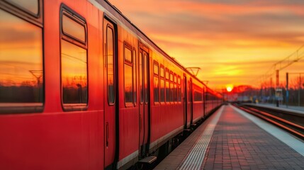 Fototapeta premium A vibrant sunset casts warm hues over a red train at a quiet station, capturing a serene travel moment.