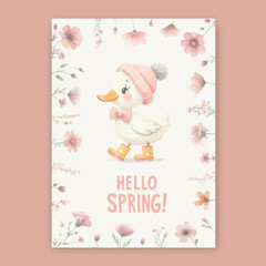 Watercolor Cute Duck with pink ribbon bow, hat and wildflowers.