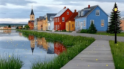Naklejka premium Dusk Over Village with Fireflies Glowing Around Birch Trees and Water Reflection