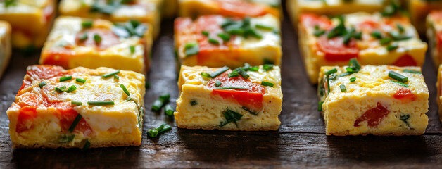 In the foreground, several pieces of egg and vegetable squares with chives on top are placed in lines on an old wooden table, with a blurred background