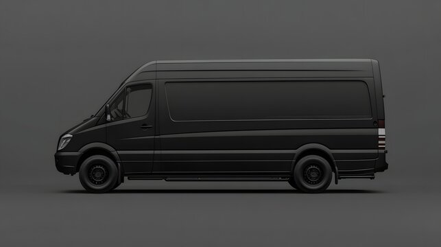 Side view of a black van against a neutral backdrop.