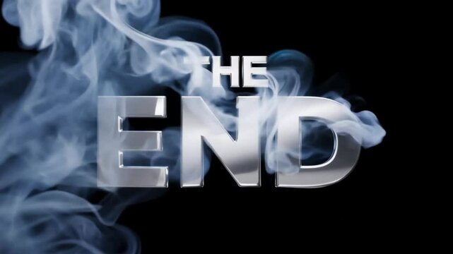 The end text in bold silver font with white smoke on dark background used in final message or outro screen for media content
