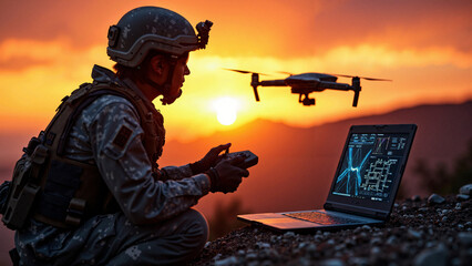 Silhouette of a Modern Soldier Operating a Drone at Sunset - Ideal for Military Technology Ads, Veterans Day Cards, and Patriotic Projects