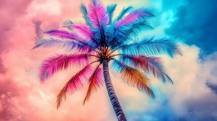 Fototapeta premium Vibrant Tropical Palm Tree Sunset Sky Colorful Leaves
