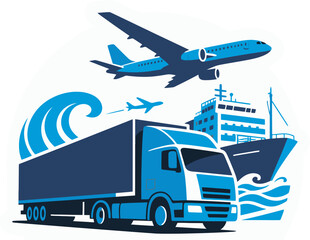 Blue-toned graphic illustration showcases airplane, ship, and delivery truck, representing global logistics, multimodal transportation, and international shipping services.