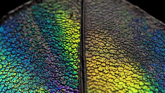Macro view of iridescent insect wing with rainbow-colored scales and fine textured surface

