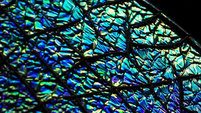 Macro shot of iridescent insect wing showing shimmering blue-green scales and intricate vein structure

