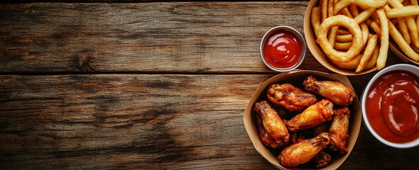 Fototapeta premium Rustic wooden background with small paper containers of hot wings, French fries, and onion rings