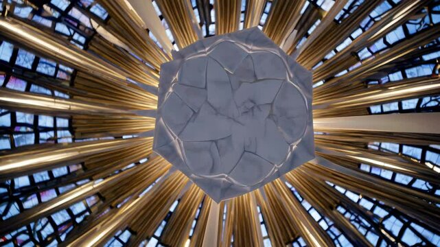 Abstract stained glass dome with golden rays radiating from geometric center

