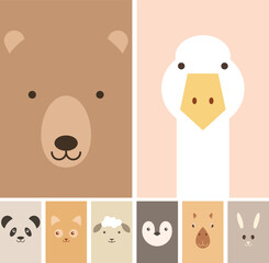 Cartoon cute different faces of animals for baby card, poster, baby shower invitation, nursery wall art, room decoration, printing on fabric, postcard. Vector character set. Picture for applique