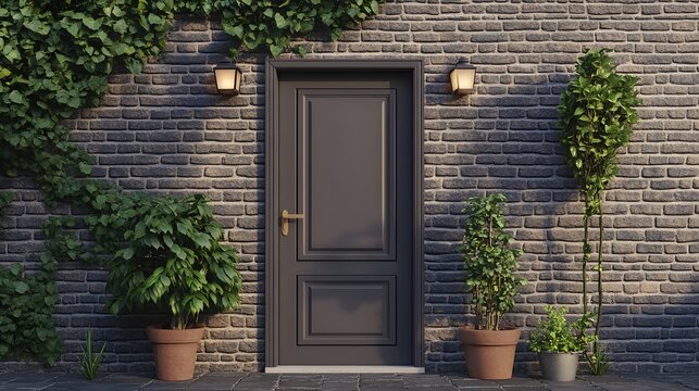 Fototapeta Dark gray door and plants on a brick wall.
