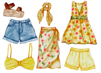 Set of summer clothes in yellow color watercolor clipart