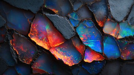 Colorful opal stones with vibrant hues on a dark background.