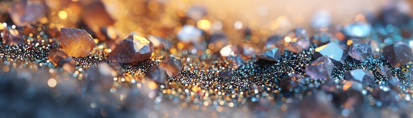 Colorful gemstones glistening on a dark surface with sparkles of light.