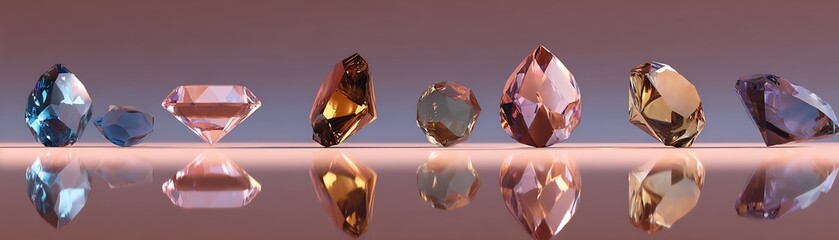 Colorful gemstones arranged elegantly on a reflective surface.