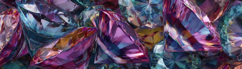 Colorful abstract gems with various hues, intricate patterns, and reflections.