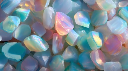 Colorful opal stones with shimmering surfaces, close-up view, isolated background