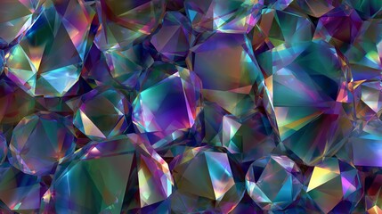 Colorful abstract crystal background with various shapes and reflections.