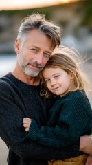 Fototapeta premium Mature man with gray hair embraces young girl with long hair, both wearing cozy sweaters, enjoying a tender moment outdoors by the beach, capturing the essence of family love and connection