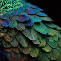 Fototapeta premium Close-up view of vibrant peacock feathers. Detailed textures and colors of layered plumage