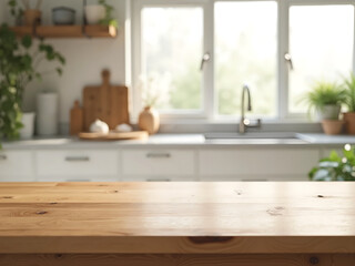 Fototapeta premium Kitchen Scene Featuring Natural Wooden Tabletop with Fruit Bowl and Bright Light