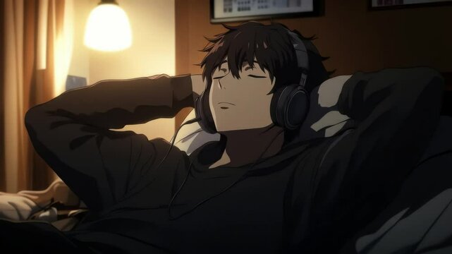 An anime man with headphones rests with closed eyes bathed in warm light wearing a dark hoodie in an indoor setting