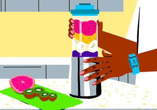 Illustration of a hand preparing a healthy fruit juice with fresh ingredients in a blender