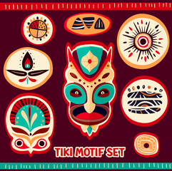 Fototapeta premium Set of elements with Hawaiian traditional tribal tiki mask and motifs. Collection of stickers with Polynesian mask, tribal pattern, Eye-catching ethnic ornaments. Vector illustration EPS8