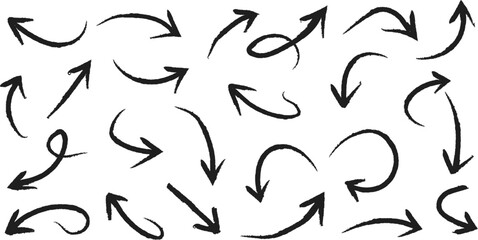 Hand drawn black crayon arrow set with spiral, zigzag, curved, and straight style. Rough brush stroke sketch pointer for infographic, education, presentation or creative vector design use. UI elements