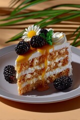 A hyper-realistic, high-resolution editorial food photograph of a single slice of soft, moist vanilla cake presented on a matte ceramic plate