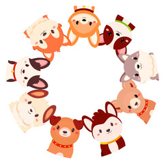 Baby frame with puppy. Can be used for t-shirt print, sticker, greeting card. Curious cute cartoon dogs peeks from above. Cute puppies looks interested. Animal stares interestedly. Vector  EPS8