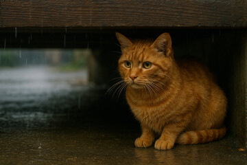 Ginger tabby cat taking shelter under wooden structure in rain, realistic photo – Generative AI