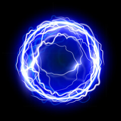 Light energy ball. Glowing blue power sphere with electric lightning effect on black background. Futuristic plasma ball, magic orb, game portal. Abstract vector illustration.