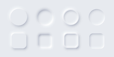 White round and square web buttons. Soft glowing circular UI elements in modern neomorphism style. Abstract 3D buttons with subtle shadows and light effects. Vectors set for digital interfaces.