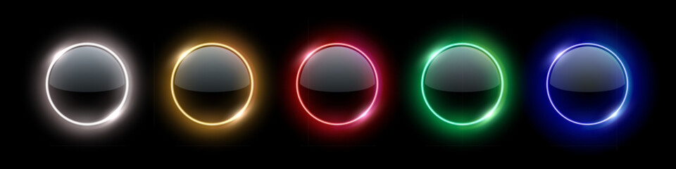 Color neon light round frames with glowing glass surface. Futuristic illuminated buttons. Abstract vector illustrations set for UI design, sci-fi elements, modern tech interfaces.