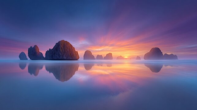Tranquil coastal landscape at sunset with mirrored rocks.