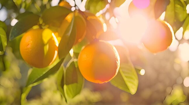Close up tracking shot of fresh citrus fruit, glistening with dew, vibrant oranges, lemons, and limes