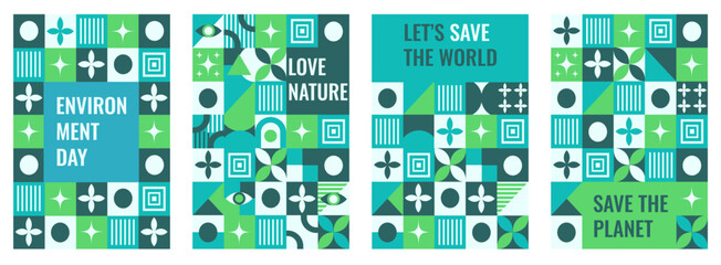 Environment Day. Save planet. Set Environment Day poster cover. Vector illustration of tendy abstract green Geometric background. EPS 10