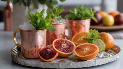 Refreshing citrus cocktails with fresh mint and copper mugs on a tray